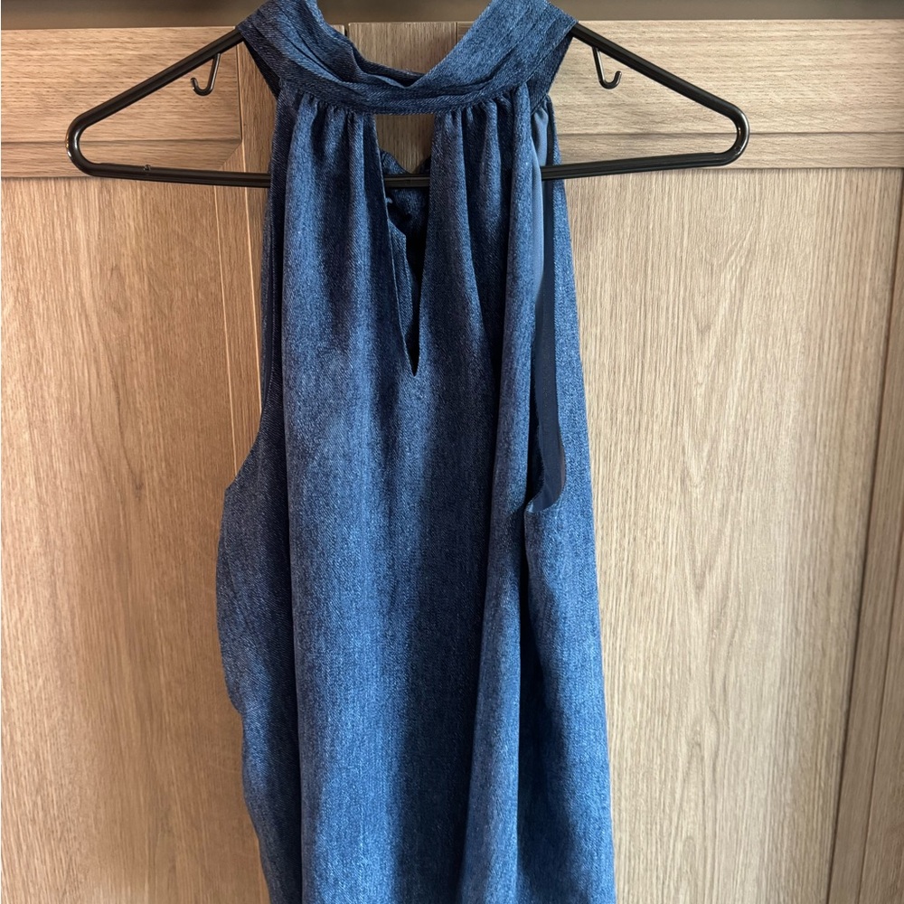 White House Black Market Denim Print Chiffon Halter Top (M) - Picture 7 of 10